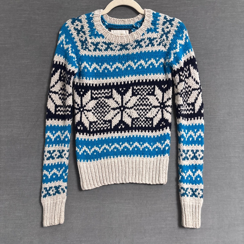 Vintage American Eagle Sweater M Blue Cream Fair Isle Cotton Pullover Ski Preppy